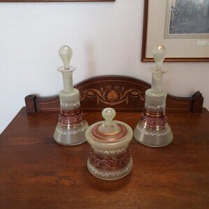 Very Rare Victorian Art Glass Bohemian Hand Blown Enamelled dresser set.